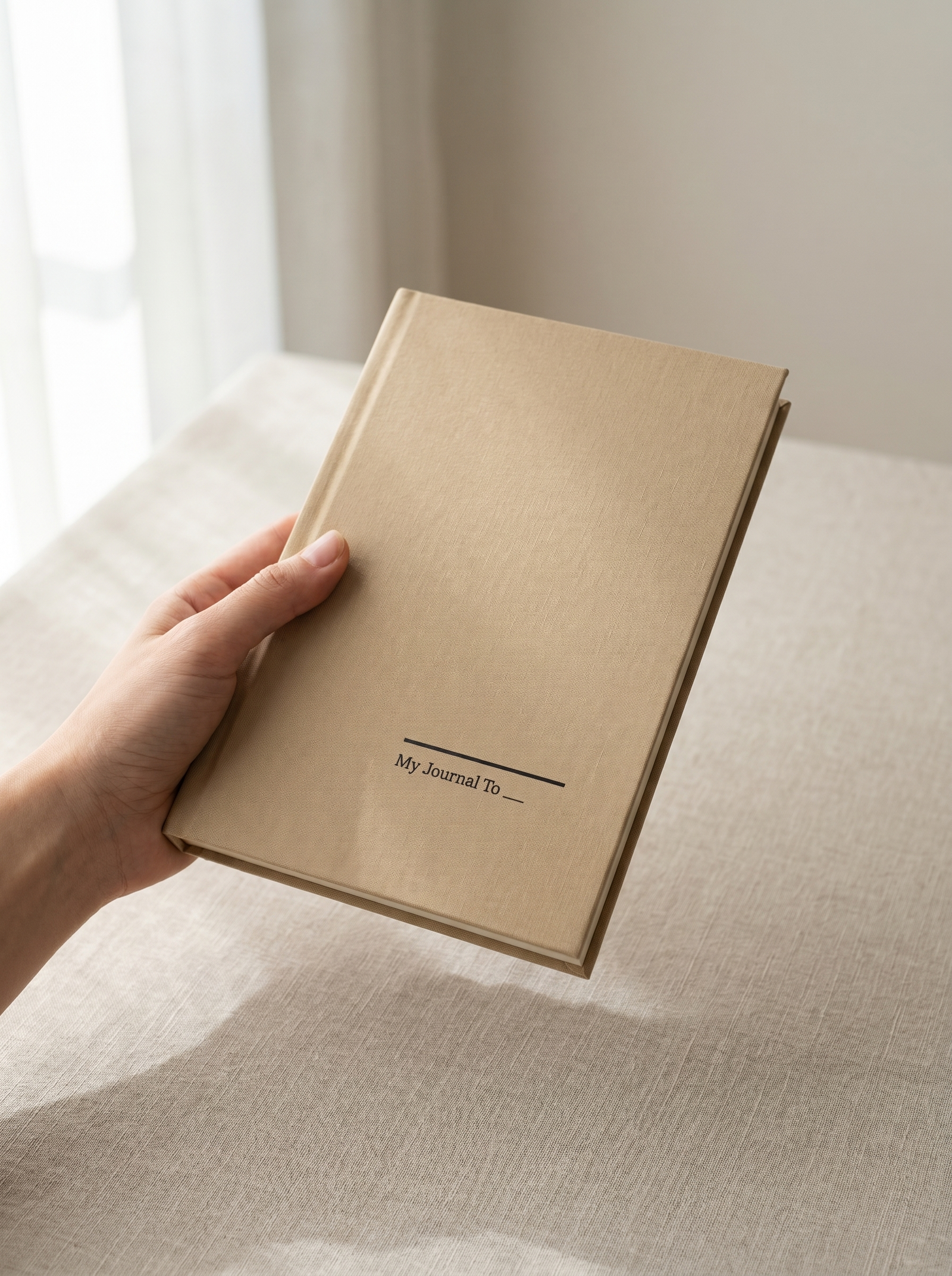 A linen-bound journal closed on a stone surface in raking morning light